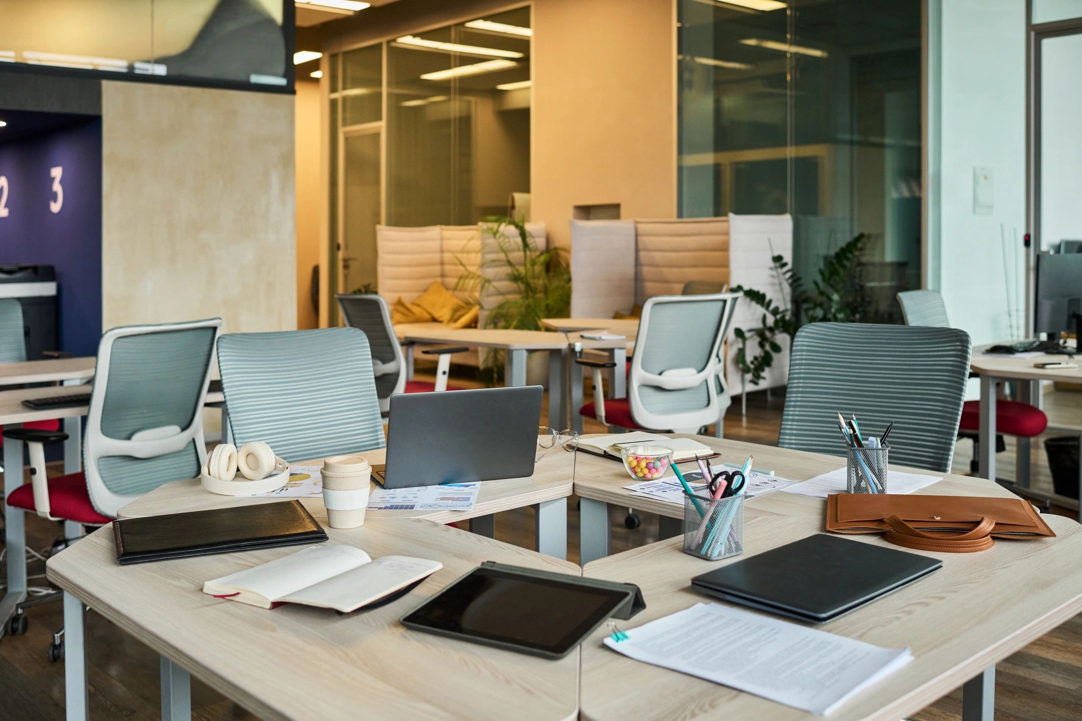 Modern newsroom-style office workspace